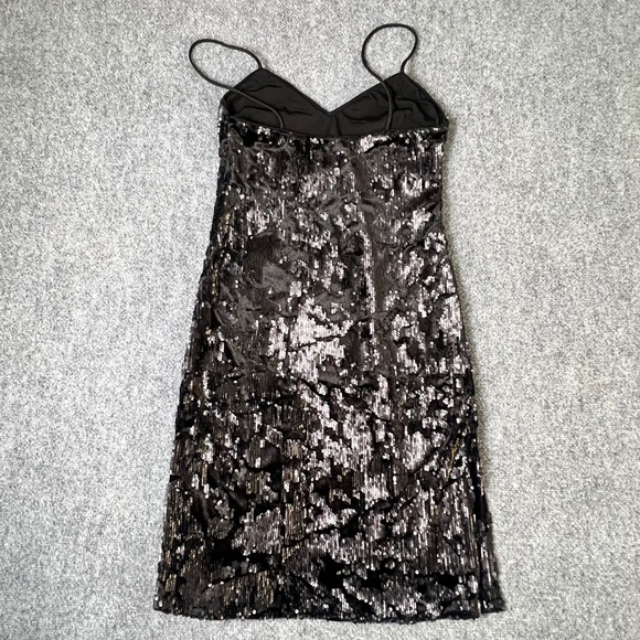 LPA Revolve Black Sequin Spaghetti Strap V-Neck Mini Dress Medium LBD Night Out - Picture 2 of 12